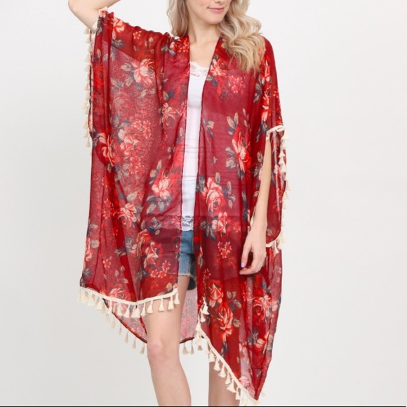 NEW Red Roses Tassel Fringe Kimono Cover Up - Picture 2 of 2